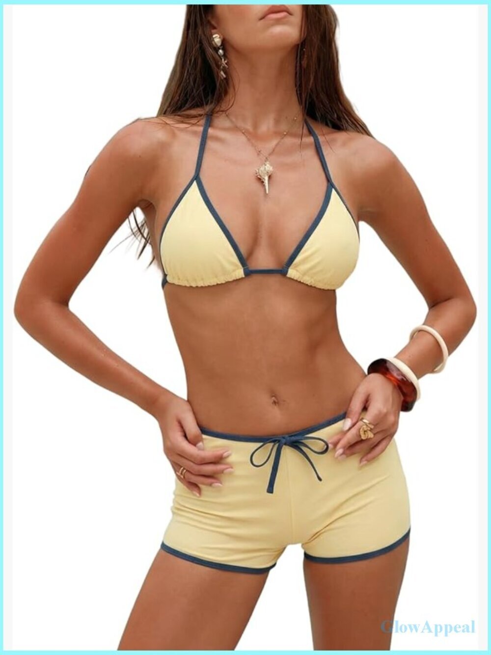 Halter Triangle Bikini Set with Boyshort Bottoms Color Block